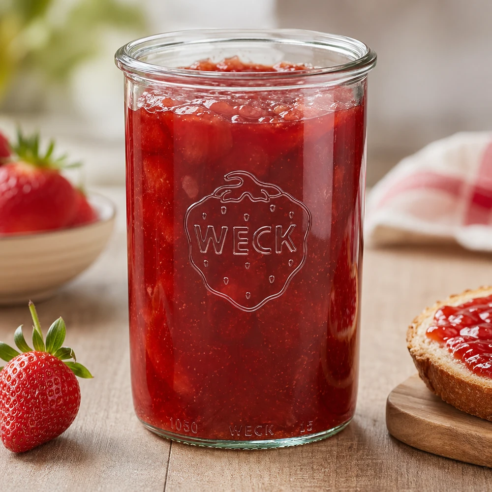 1000ml tumblery WECK RR100 s dřevěným dřevem - 1000ml tumblery WECK RR100 s dřevěným dřevem WECK Sturzglas 1000ml RR100 mit Erdbeermarmelade gefüllt auf Holztisch mit frischen Erdbeeren und Brot