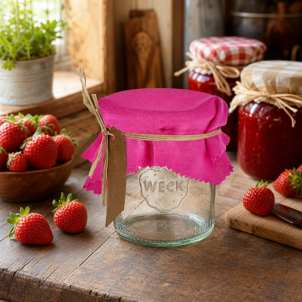 Látkový ubrousek na šperky růžový 12cm čtvercový Pinkes Schmuckdeckchen 12cm eckig auf Einmachglas in rustikaler Küche mit frischen Erdbeeren und Marmeladengläsern