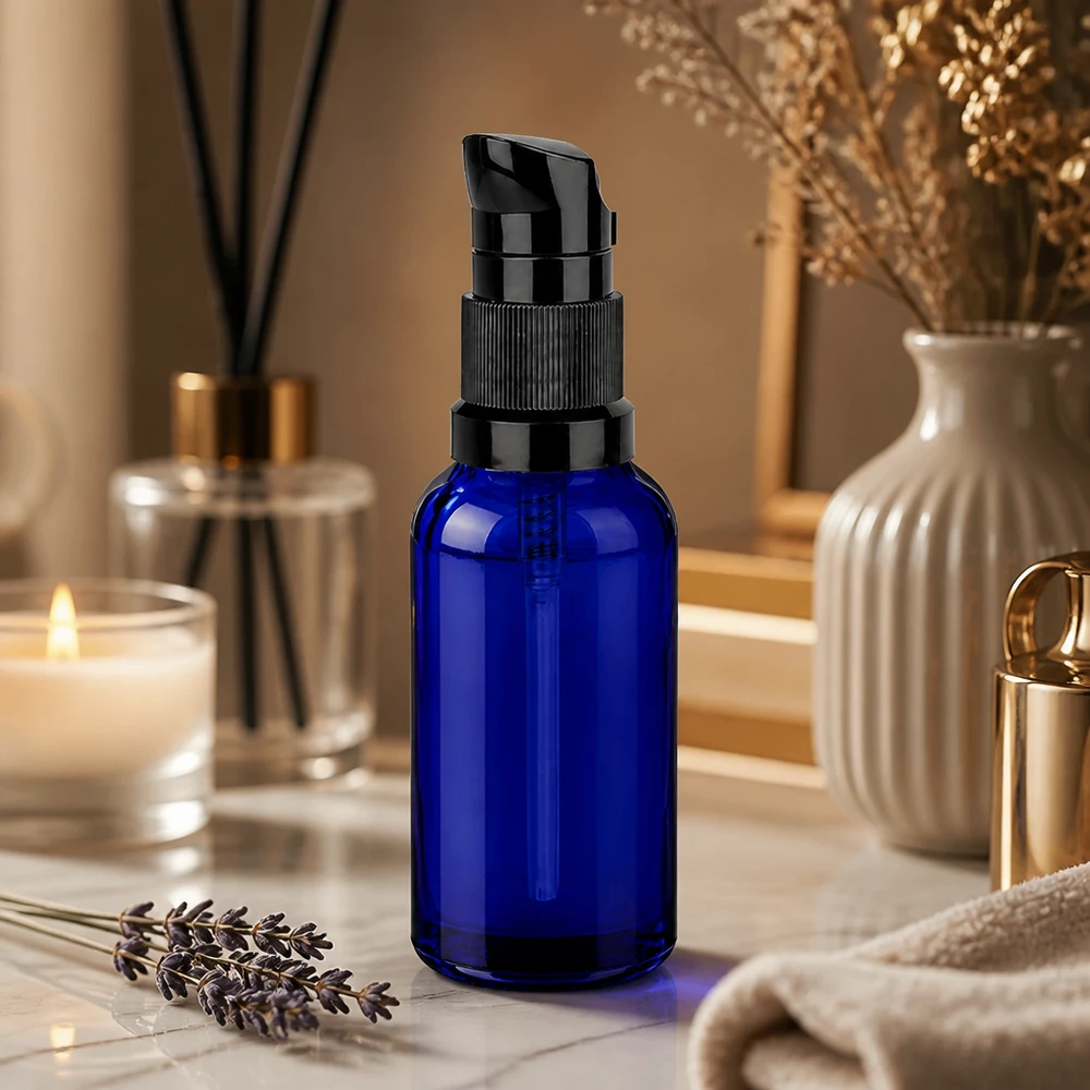 30ml lahvička s pumpičkou černá standardní uzávěr BlueLine UT18/30 Kompakter 30ml Glasbehälter BlueLine mit präzisem Dosierpumpspender für tägliche Pflege