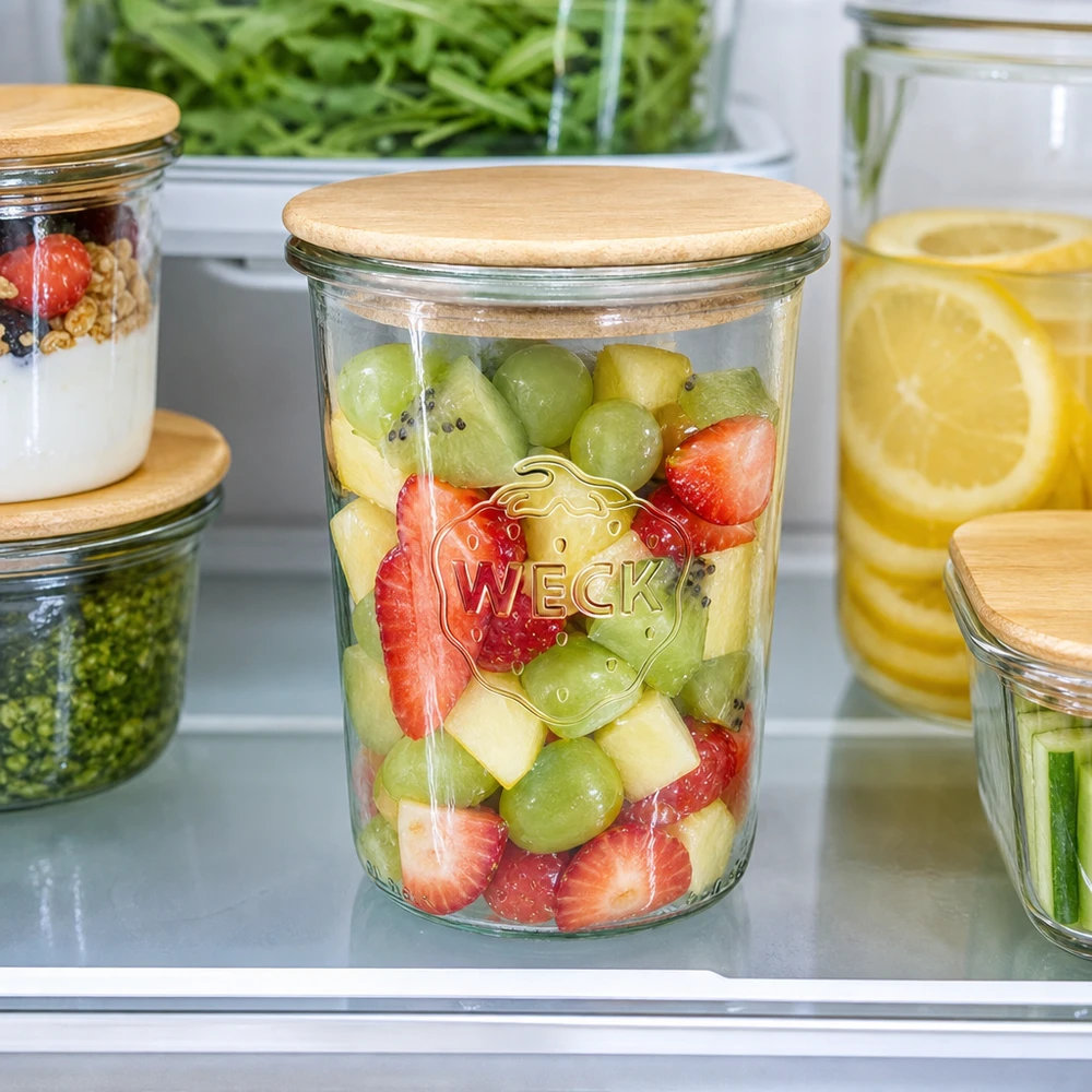 850ml tumblery WECK RR100 s dřevěným víčkem buchta WECK Sturzglas 850ml RR100 Holzdeckel Kühlschrank Obstsalat Meal Prep frische Früchte Kiwi Erdbeeren Aufbewahrung