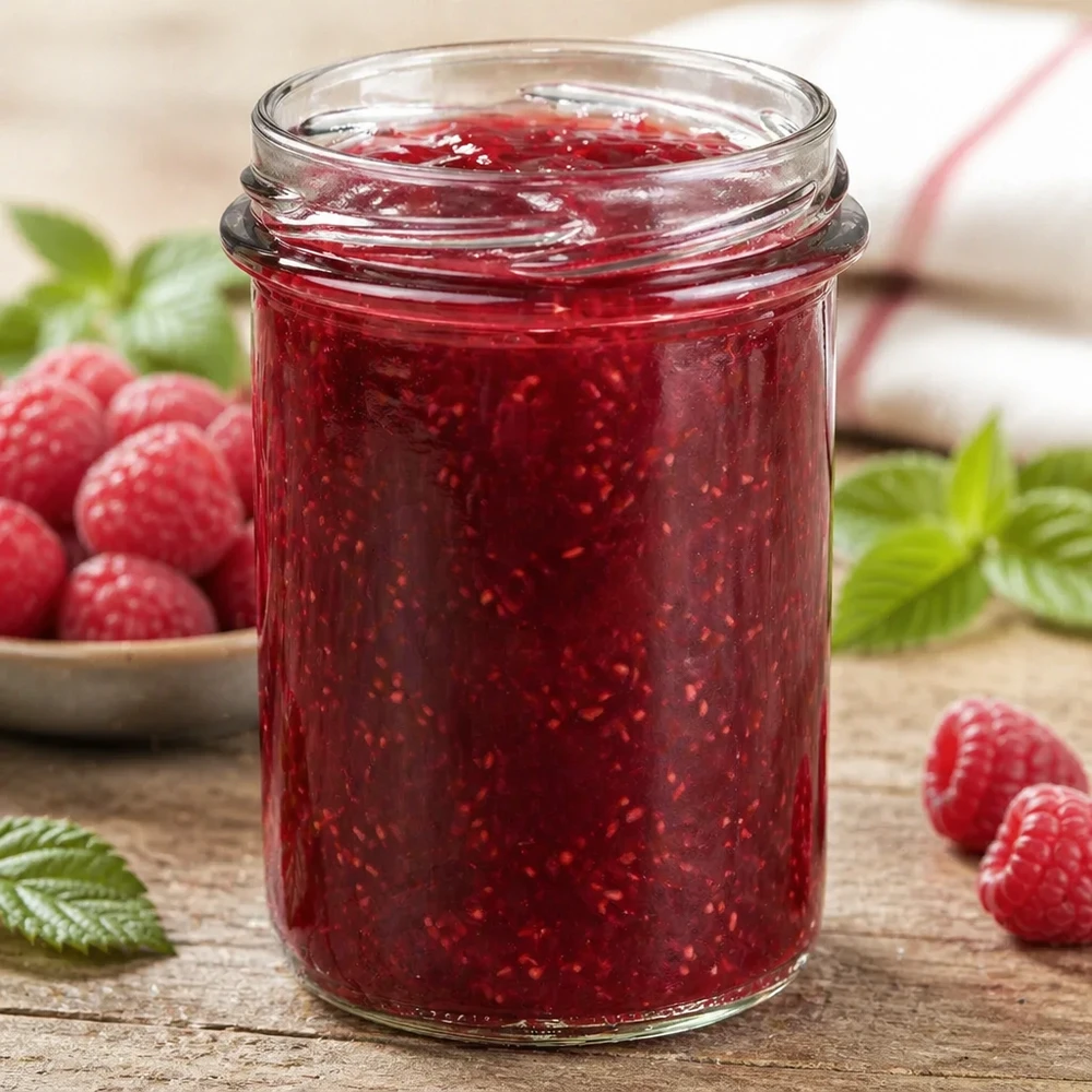 Tumbler 230ml bez víčka (TO66) UNiTWIST UNiTWIST Sturzglas 230ml TO66 mit roter Marmelade gefüllt, umgeben von frischen Himbeeren und grünen Blättern