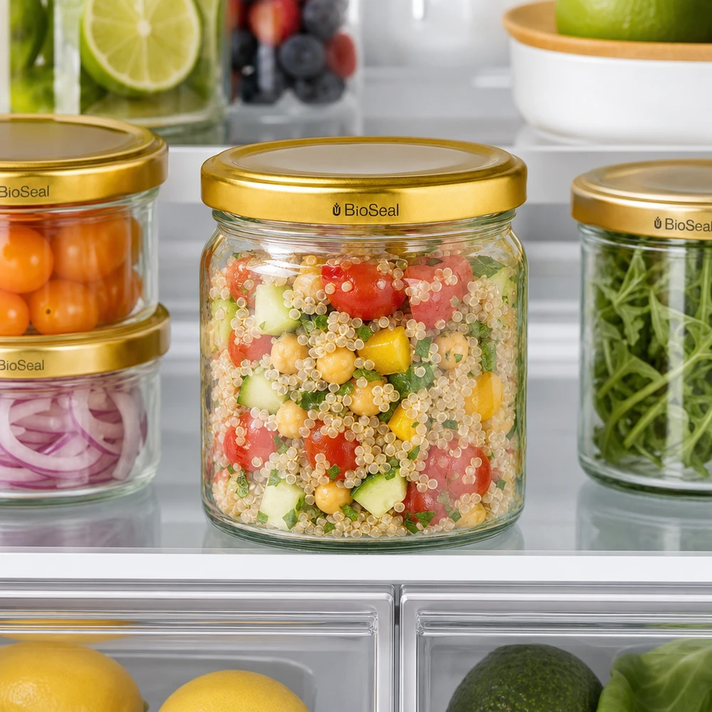 Kulatá nádoba o objemu 408 ml se zlatým víkem UNiTWIST BioSeal. UNiTWIST Runda408 Vorratsgläser mit goldenen TO82 BioSeal Deckeln im Kühlschrank - praktische Aufbewahrung von Salat