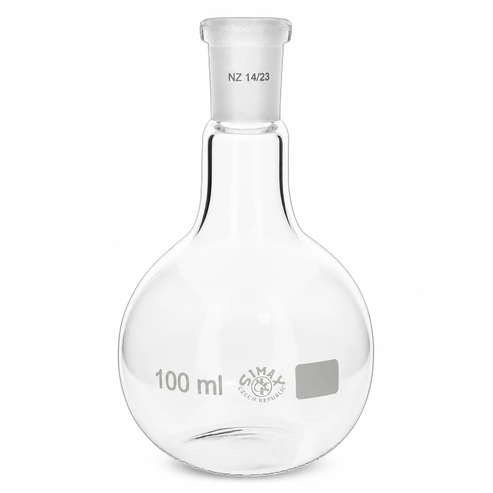 Baňka na kyčelní kloub 100 ml se standardním broušeným kloubem (14/23) Borosilikat-Stehkolben 100ml hitzebeständig mit präzisem Normschliff 14/23