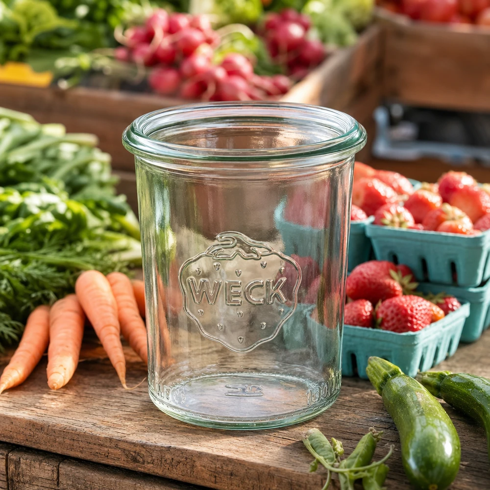 160ml zavařovací sklenice WECK RR60 s dřevěným dřevem 160ml WECK Sturzglas RR60 aus klarem Glas auf Holztisch umgeben von frischem Gemüse und Obst