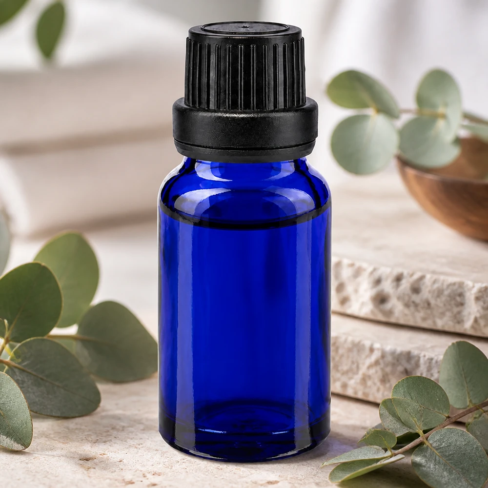 Nachfüllbare 10ml Tropfflasche aus blauem Spezialglas mit schwarzem Originalitätsverschluss