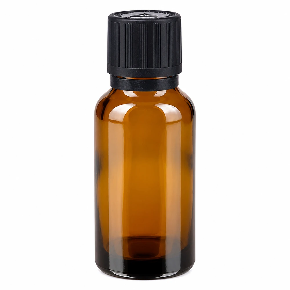 Lékárenská láhev hnědá 20ml kapátko nalévací kroužek 1mm černá dětská pojistka slepý výstražný symbol tamper evidentní uzávěr. Braune Glasflasche 20ml mit schwarzem Originalitätsverschluss Kindersicherung und Tropfvorrichtung