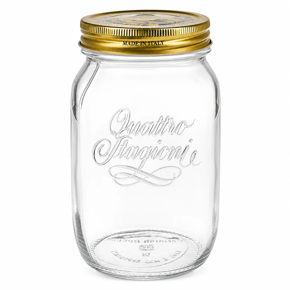 1000ml kulatá skleněná "Quattro Stagioni" s víčkem 1000ml Quattro Stagioni Rundglas mit goldenem Schraubdeckel Made in Italy Einmachglas leer