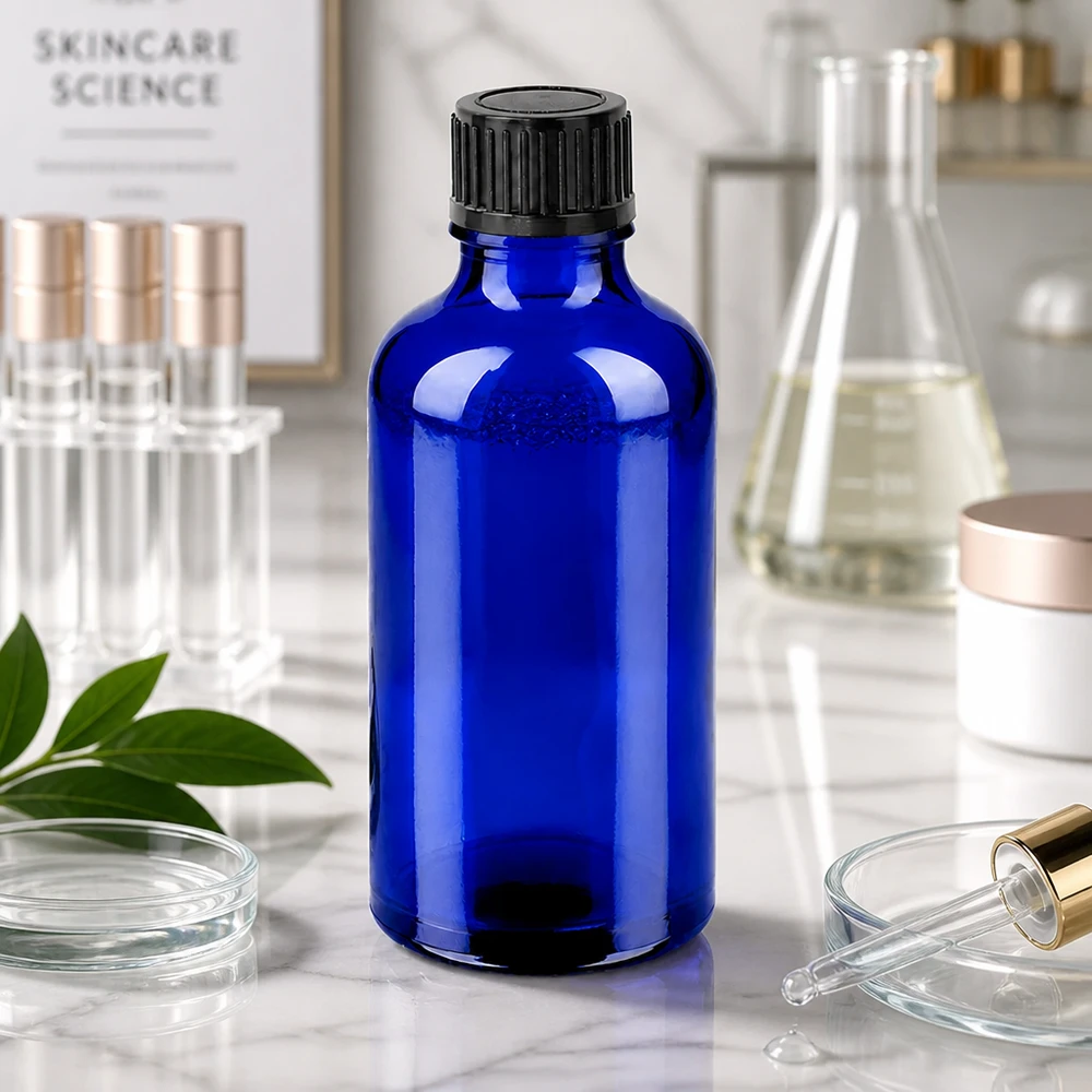 50ml láhev 11mm šroubovací uzávěr černý standard BlueLine UT18/50 50ml BlueLine Flasche aus robustem Glas für sichere Aufbewahrung von Naturprodukten