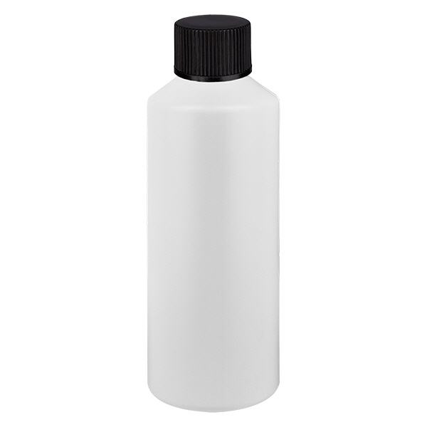 Lékárenská láhev HDPE 100ml bílá, s černým šroubovacím uzávěrem Lékárenská láhev HDPE 100ml bílá, s černým šroubovacím uzávěrem