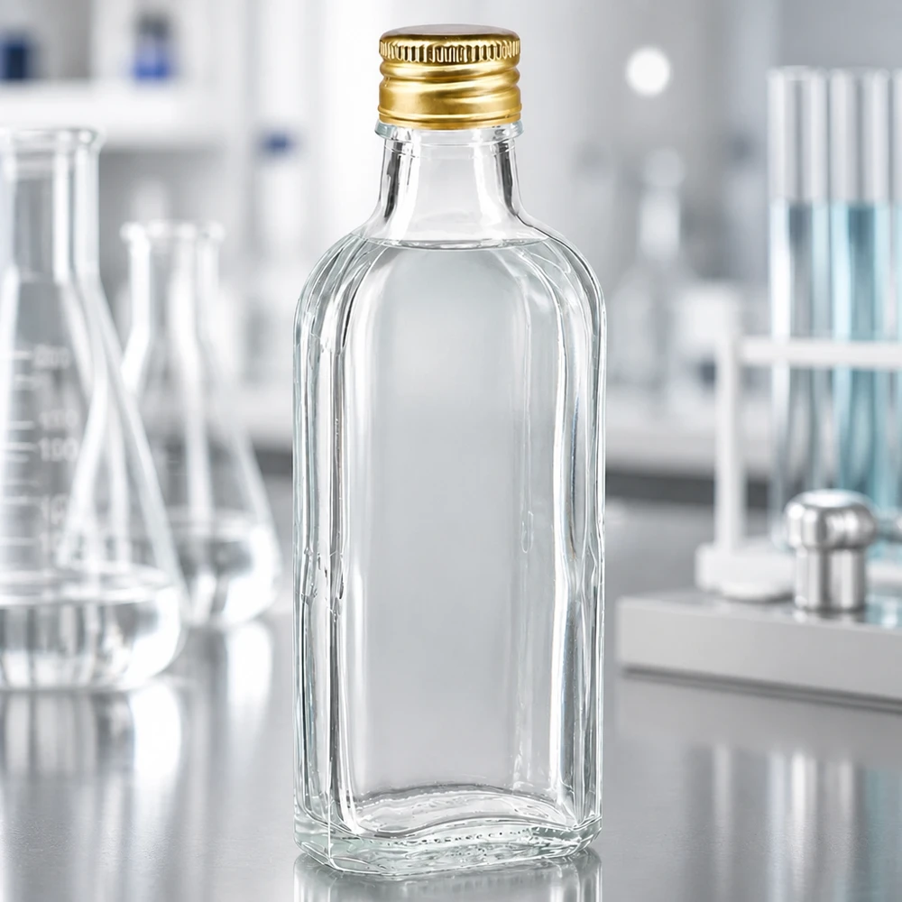 100 ml Meplat čirý s hliníkovým uzávěrem zlatý PP22 Leichtgewichtige 100ml Meplat Glasflasche klar mit gepresstem Goldverschluss PP22 Nahaufnahme