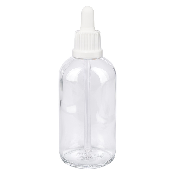 100ml pipetovací láhev bílá s uzávěrem s ochranou proti manipulaci ClearLine UT18/100 Hochwertige ClearLine Dosierflasche 100ml Klarglas mit weißem Tropfer UT18