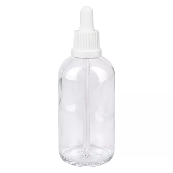 100ml pipetovací láhev bílá s uzávěrem s ochranou proti manipulaci ClearLine UT18/100 Hochwertige ClearLine Dosierflasche 100ml Klarglas mit weißem Tropfer UT18