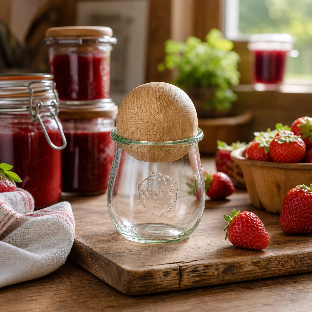 WECK Tulpenglas RR60 220ml in rustikaler Küche mit Erdbeeren und Marmeladengläsern, Buchenkugel-Deckel Detail