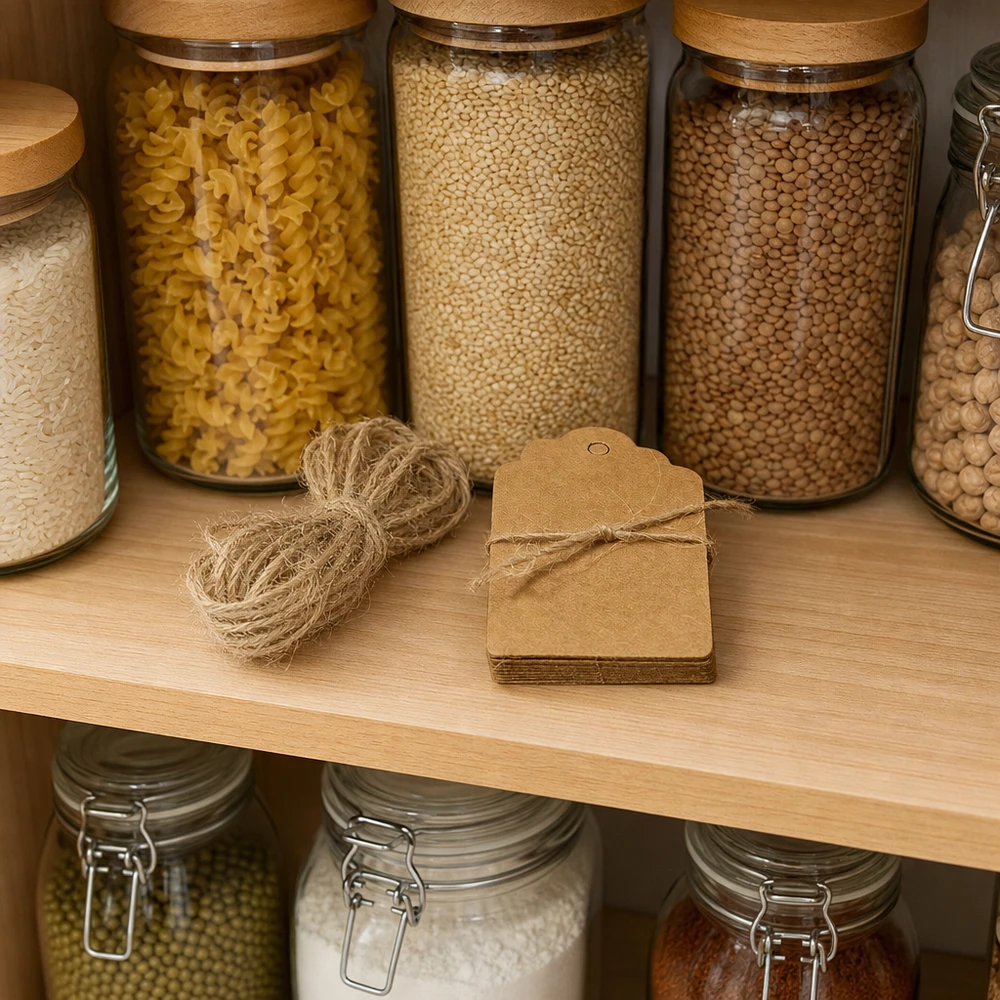 Organisierte Küche mit Vorratsglasern und braunen Kraftpapier-Etiketten 30x50mm zur Beschriftung von Vorratsdosen