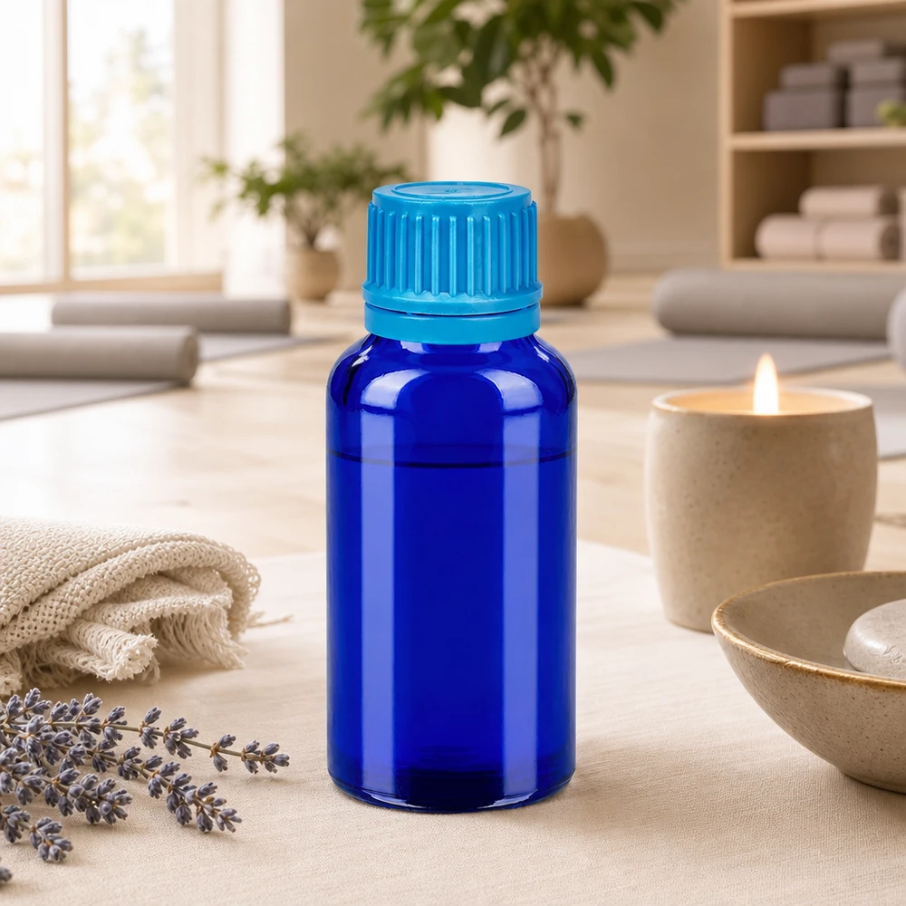30ml láhev 11mm šroubovací uzávěr modrý s pojistkou proti manipulaci BlueLine UT18/30 Stilvolle Glasflasche 30ml als nachhaltiges Behältnis für selbstgemachte Naturkosmetik
