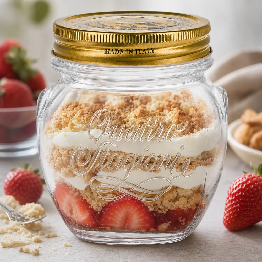300ml kulatá sklenice "Quattro Stagioni" s víčkem Quattro Stagioni 300ml Rundglas mit goldenem Deckel gefüllt mit Schichtdessert aus Erdbeeren und Streuseln Made in Italy