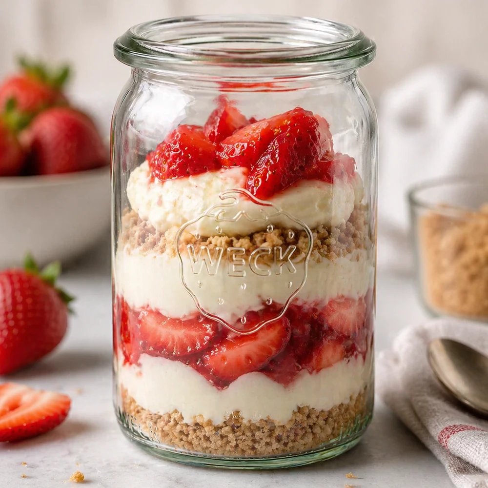 145ml válcová sklenice WECK RR40 s dřevěným dřívkem. WECK RR40 Zylinderglas 145ml als Dessertglas mit Erdbeeren Sahne und Streuseln geschichtet auf Küchentheke