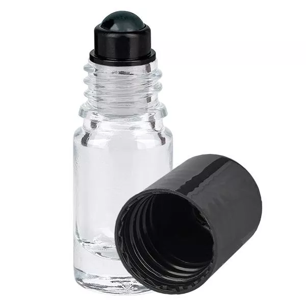 Lékárenská lahvička čirá 5ml roll-on uzávěr černý Lékárenská lahvička čirá 5ml roll-on uzávěr černý