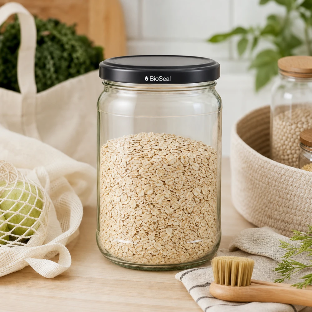 Kulatá nádoba o objemu 305 ml + víčko BioSeal černé UNiTWIST. UNiTWIST Runda305 Vorratsglas mit Haferflocken gefüllt zeigt praktische Küchenorganisation mit schwarzem BioSeal Deckel