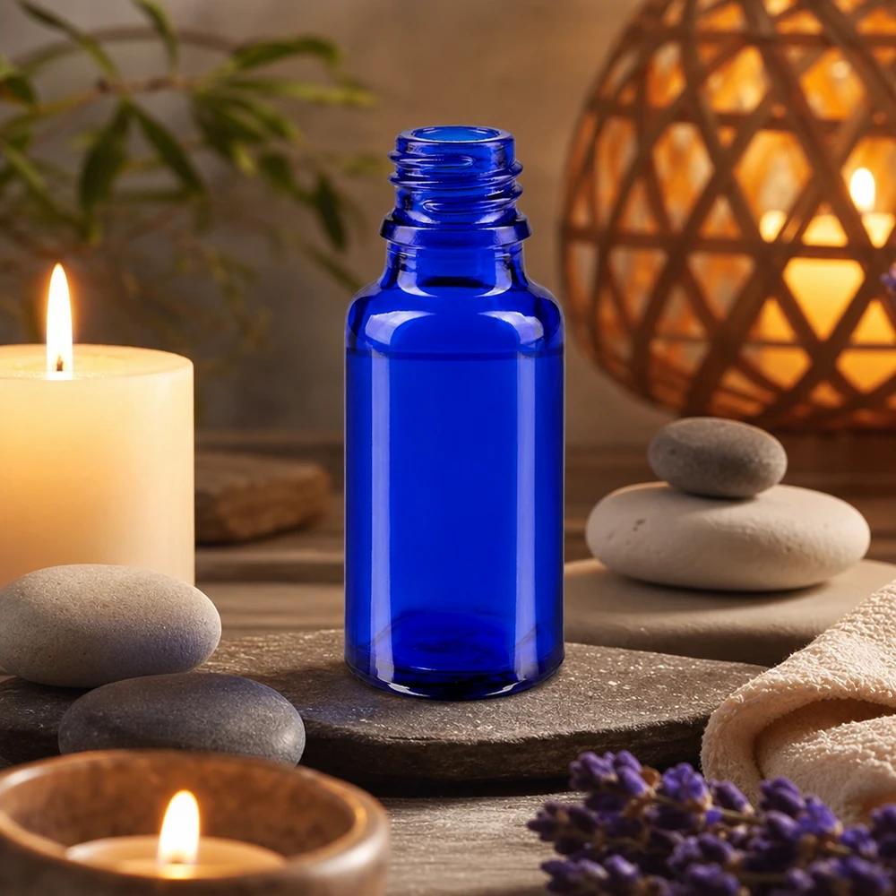 Handliche 20ml Apothekenflasche in Kobaltblau aus ApoGlas für Spa und Wellnessanwendungen