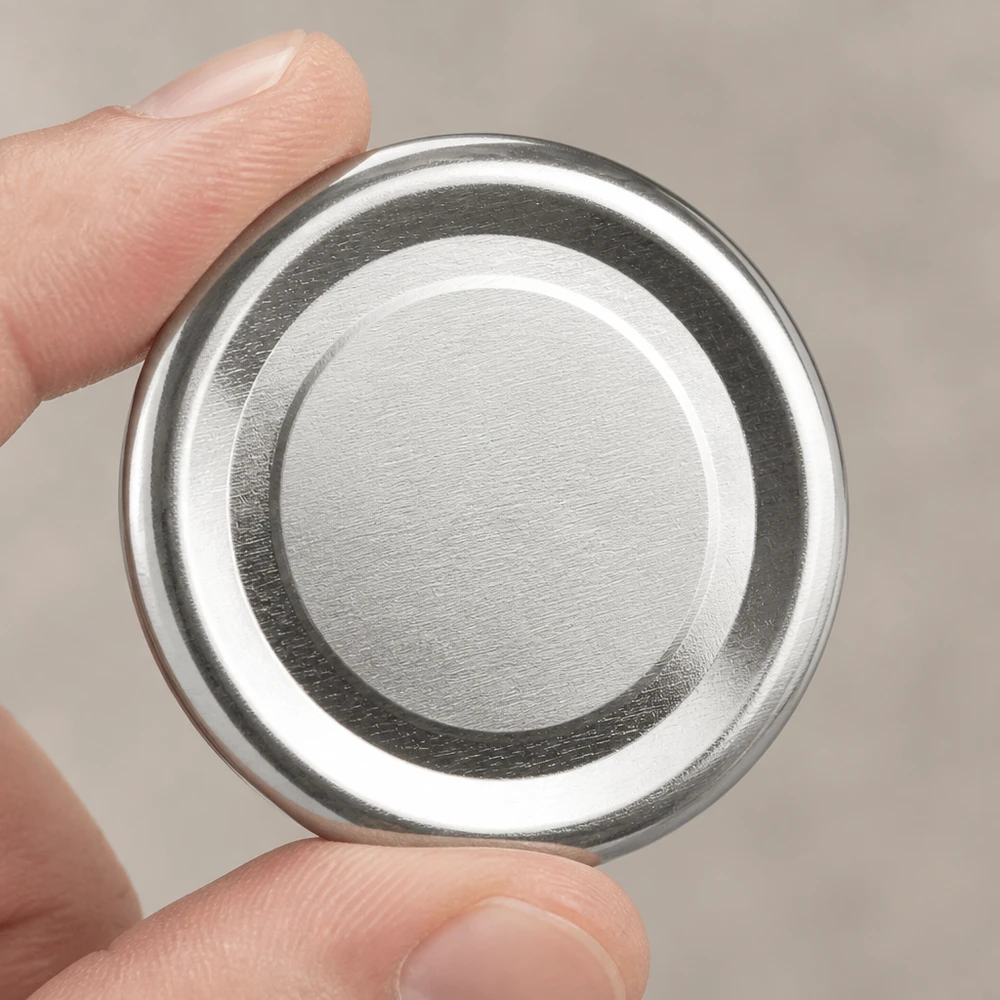 48mm víčko BasicSeal stříbrné (TO48) UNiTWIST Detailní záběr 48 mm TO48 kovové víčko, lesklá stříbrná barva, BasicSeal UNiTWIST, spodní strana