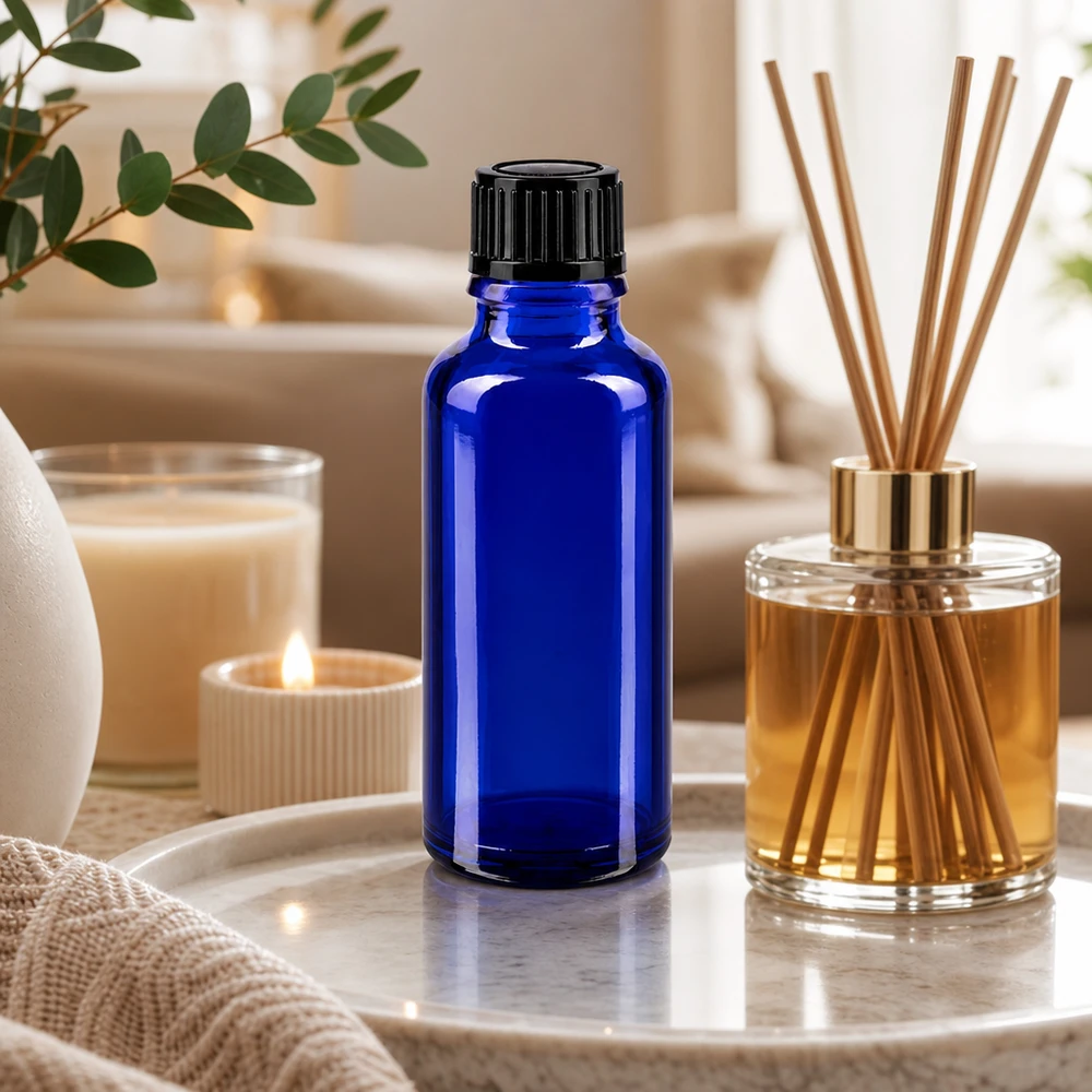 Lékárenská láhev modrá 30ml šroubovací uzávěr černá standardní Zylindrische kobaltblaue Glasflasche 30ml mit geripptem Schwarzdeckel auf Marmor