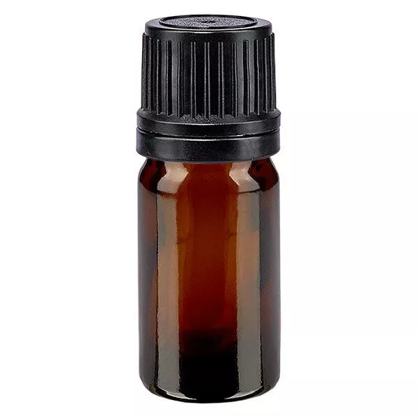 Lékárenská lahvička hnědá 5ml kapací uzávěr nalévací kroužek 1mm černý tamper-evidentní uzávěr.