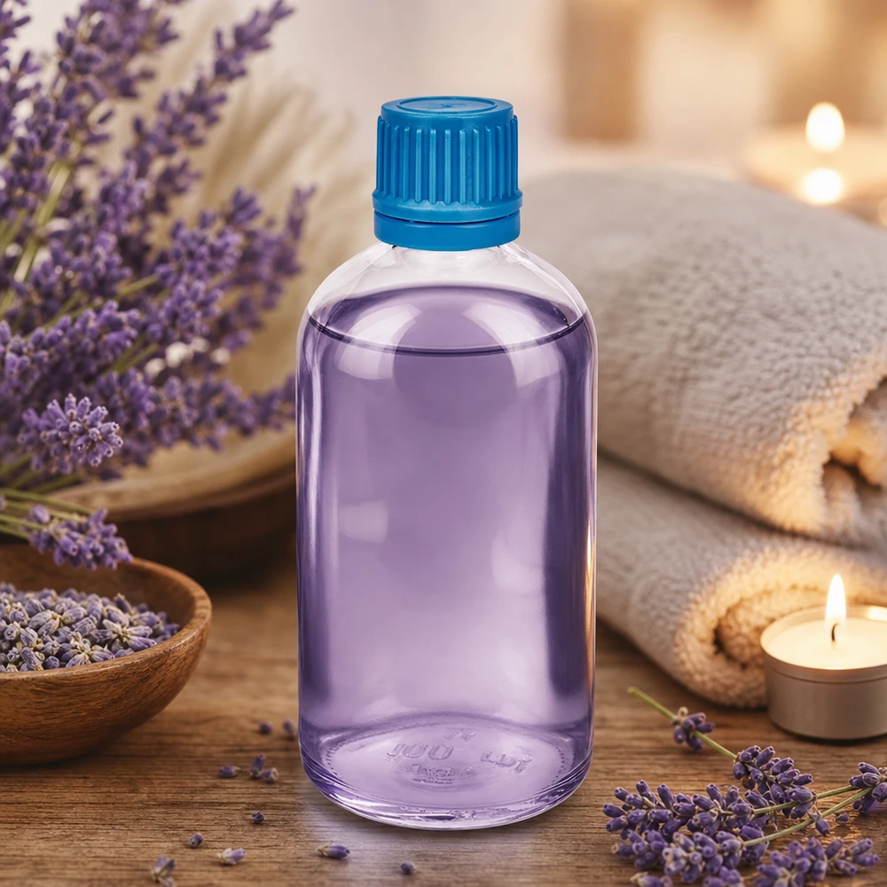 Klare ClearLine Glasflasche 100ml UT18 mit blauem 11mm Schraubverschluss im Spa-Setting