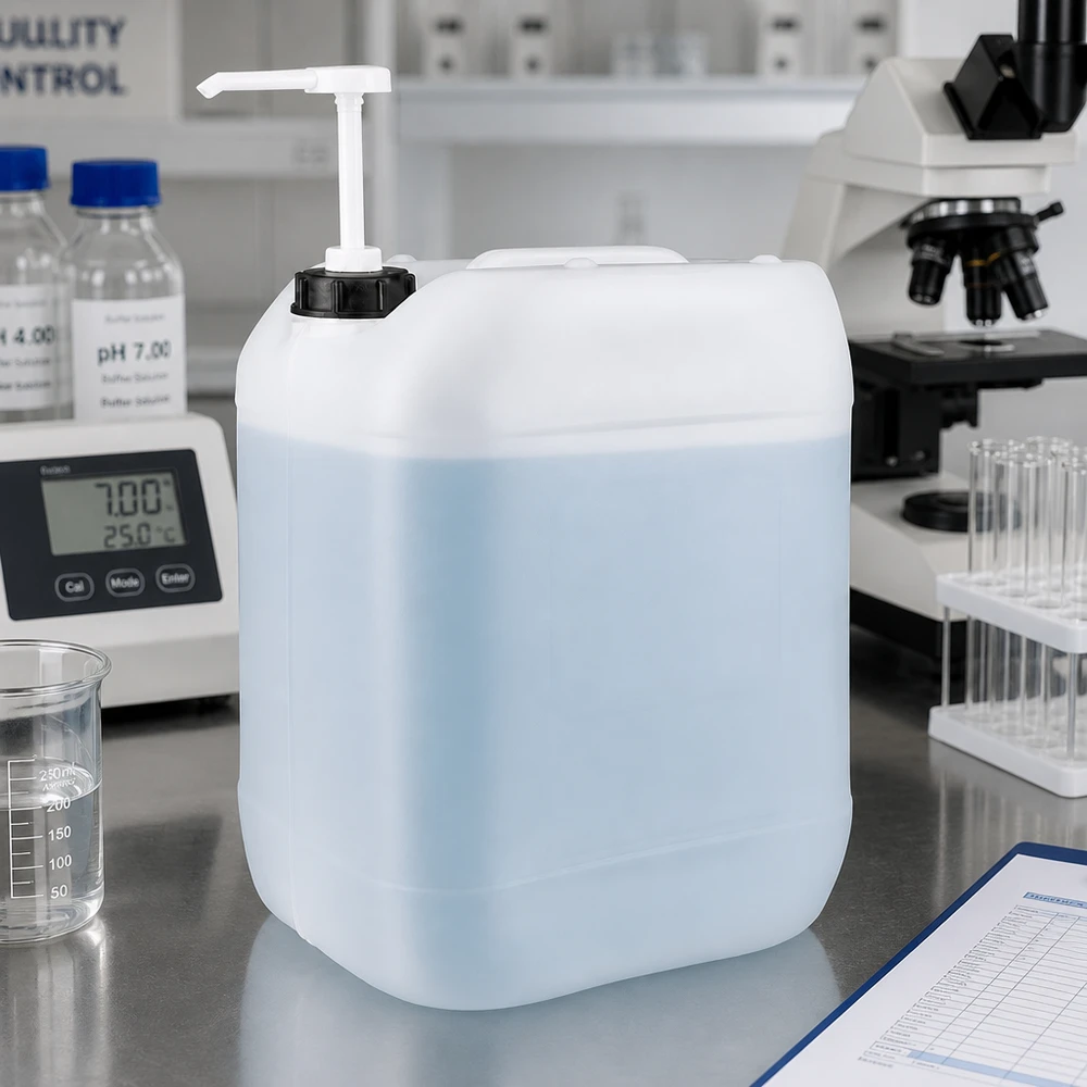 Stapelbarer 20 Liter Flüssigkeitsbehälter mit Pumpdosierer für Laborchemikalien und Reiniger