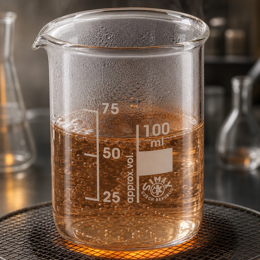 Kádinka 100ml z borosilikátového skla, nízký tvar. Kompaktes Becherglas 100ml niedrige Form mit deutlicher Volumenskala und Ausgießhilfe