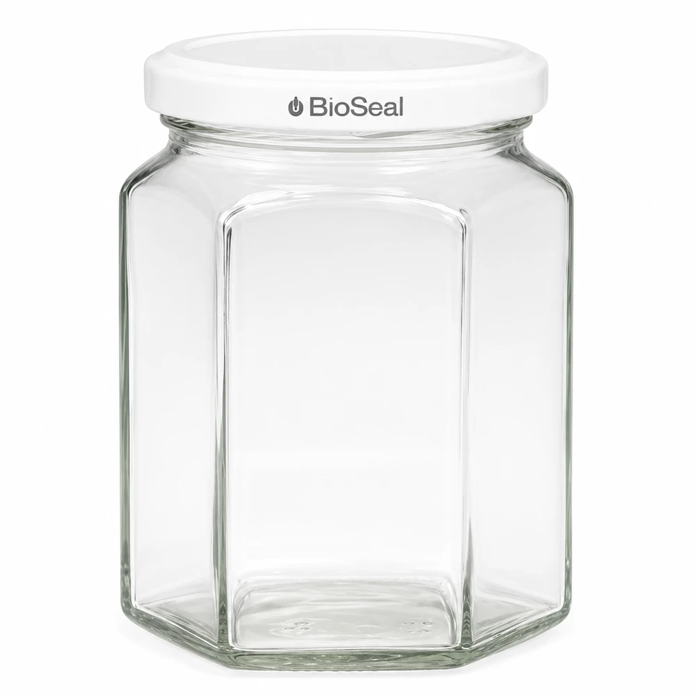 Sklenice Hexa o objemu 288 ml s bílým víčkem BioSeal UNiTWIST UNiTWIST Hexa288 Einmachglas sechseckig mit weißem TO63 BioSeal Deckel für Marmelade und Konserven