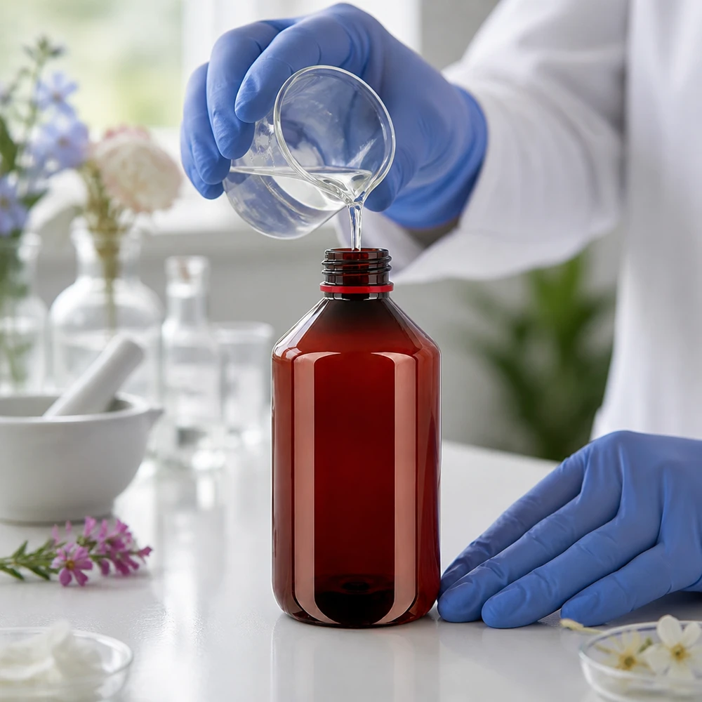 Lékárník naplní hnědou PET láhev o objemu 500 ml čirou kapalinou a uzavře ji červeným bezpečnostním uzávěrem