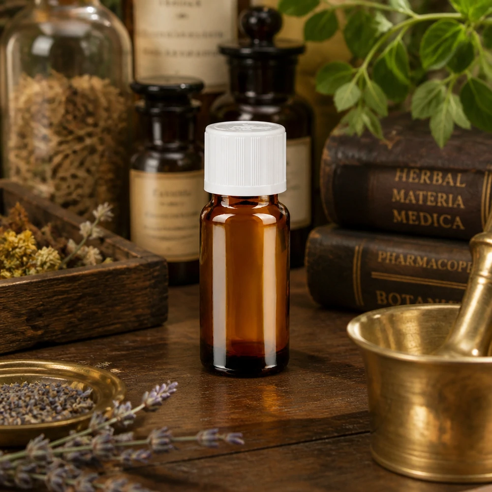Kompakte braune Apothekerflasche 10ml mit weißem 11mm Verschluss in vintage Herbarium-Ambiente