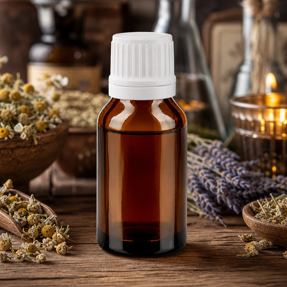 Lékárenská lahvička hnědá 15ml uzávěr kapátka 1,2mm bílý uzávěr proti neoprávněné manipulaci Natürliches Braunglas Fläschchen 15ml weißer Originalitätsverschluss für Kräuterextrakte und Tinkturen