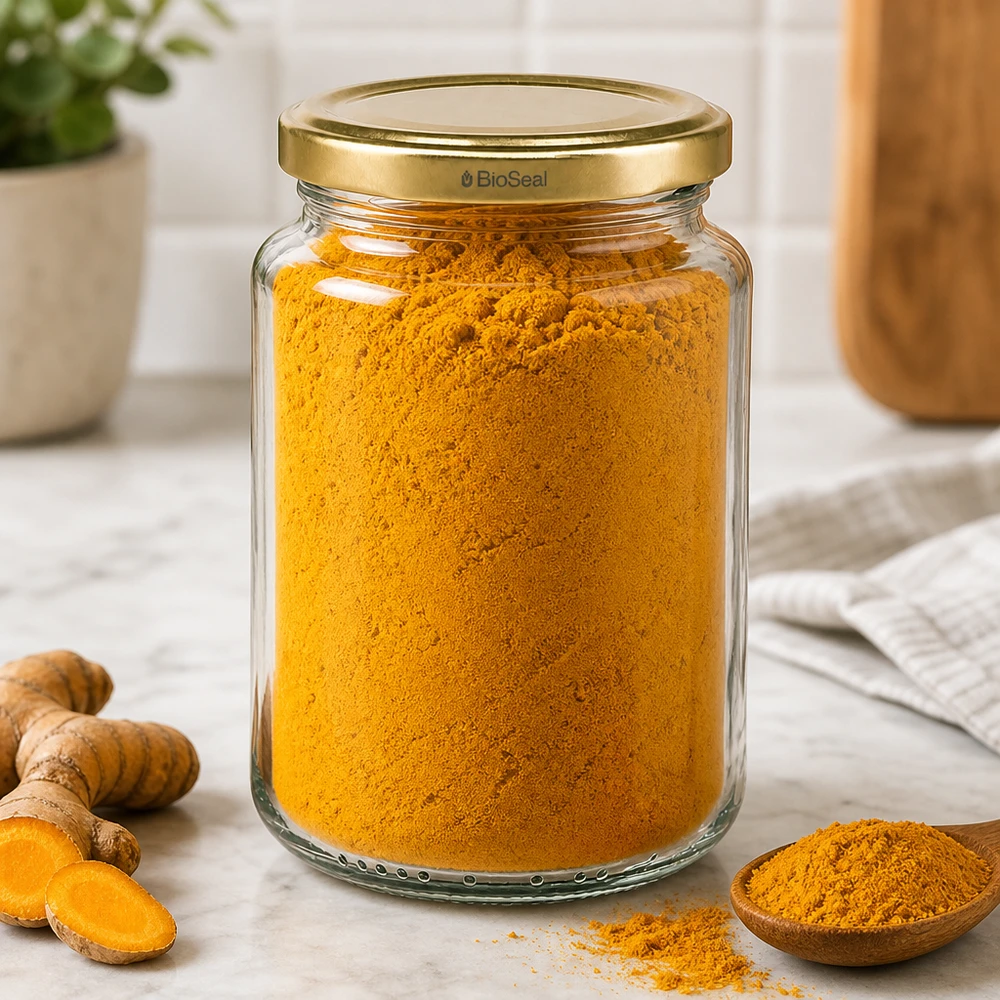 UNiTWIST Runda382 se zlatým víkem TO66 BioSeal UNiTWIST Runda382 Gewürzglas mit Kurkuma gefüllt, goldener TO66 BioSeal Deckel, Küchentisch mit frischen Gewürzen