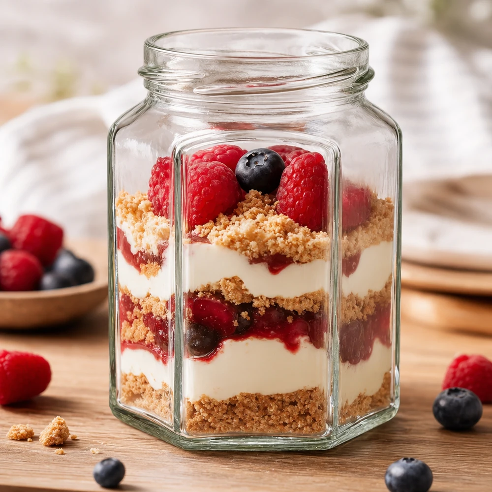 Šestihranná sklenice o objemu 288 ml bez víčka (TO63) UNiTWIST Sechseckiges Einmachglas 288ml mit Dessert-Schichtung aus Beeren und Creme - perfekt für Mason Jar Rezepte und Aufbewahr