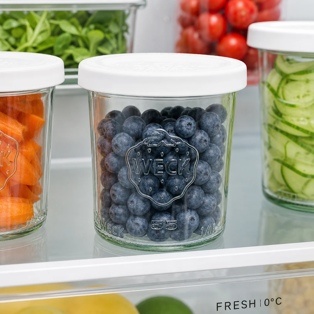 140ml zavařovací sklenice s víčkem pro uchování čerstvosti WECK RR60 WECK Sturzglas 140ml RR60 mit Blaubeeren im Kühlschrank - optimale Frischhaltung von Obst und Lebensmitteln