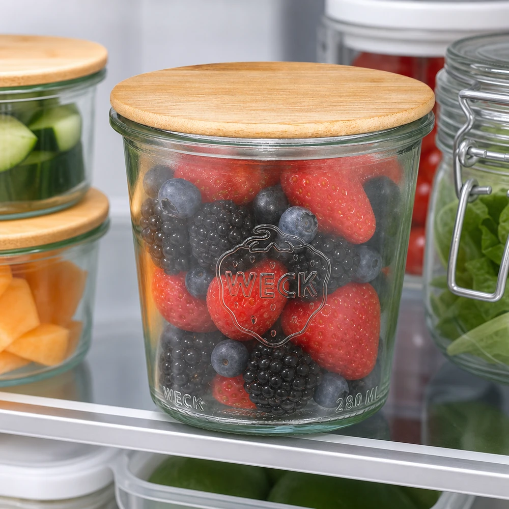 WECK Sturzglas 290ml RR80 mit Holzdeckel gefüllt mit frischen Beeren im Kühlschrank Aufbewahrung Vorratsglas