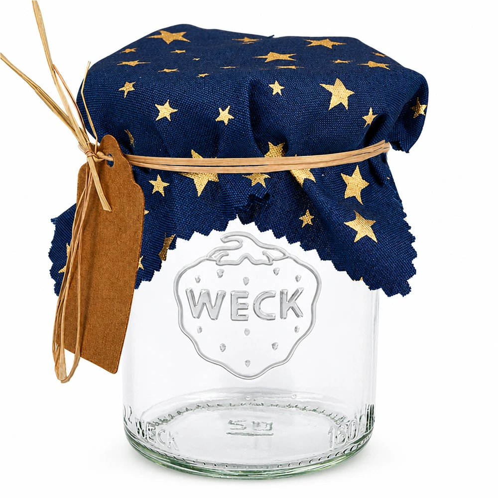 Látkový ubrousek na šperky modrý "hvězdy" 12cm čtvercový Blaues Stoff-Schmuckdeckchen mit goldenen Sternen auf WECK-Glas, quadratisch 12cm, Marmeladendeckchen