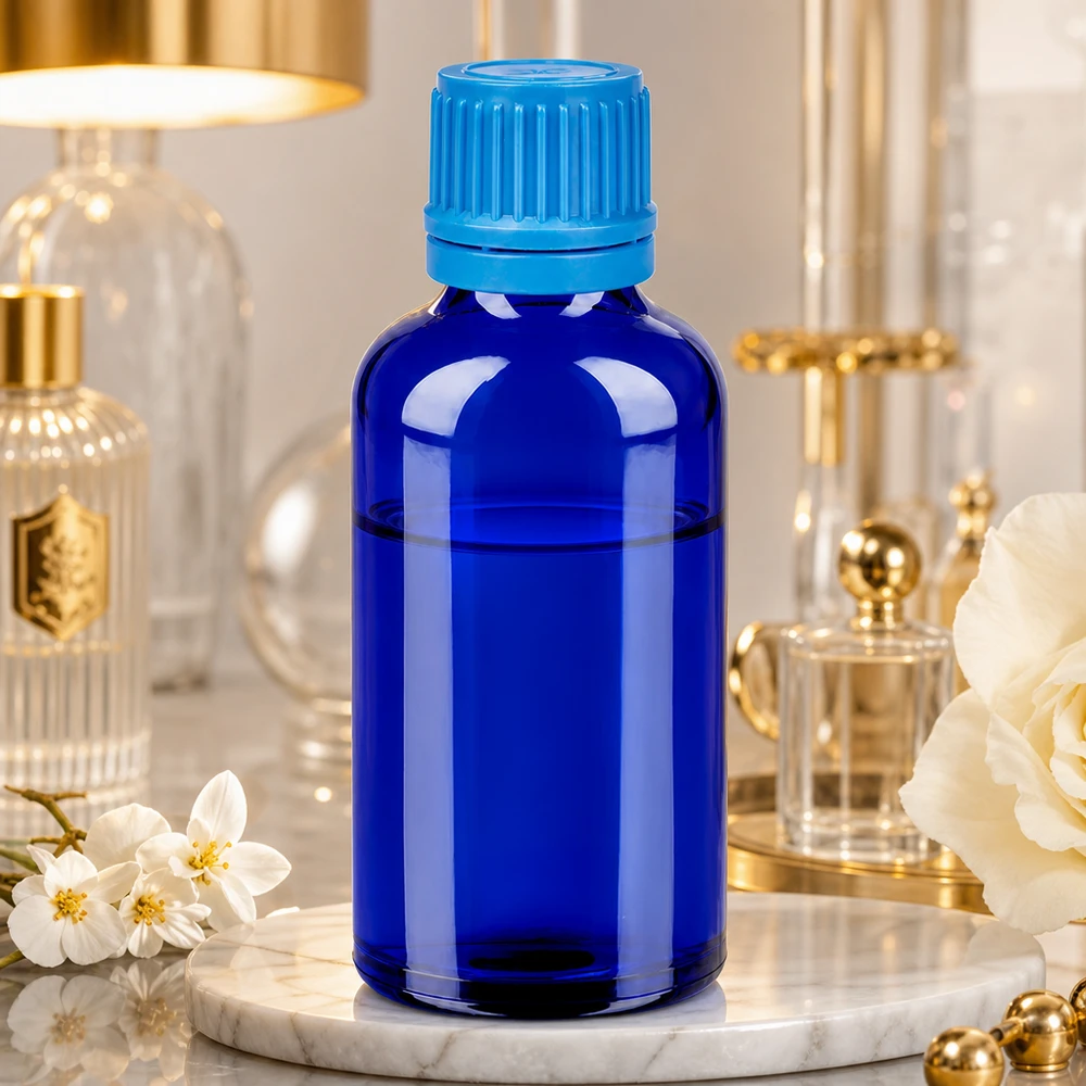 50ml blaue Weithalsflasche aus robustem Glas mit dichtem Verschluss für Langzeitlagerung