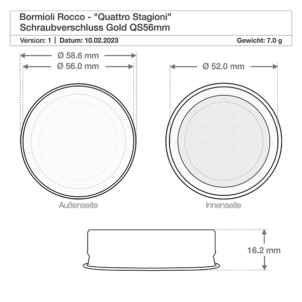 1000ml skleněná láhev "Quattro Stagioni" s víčkem Technische Zeichnung Bormioli Rocco Quattro Stagioni Schraubverschluss Gold QS56mm mit Maßangaben und Gewicht