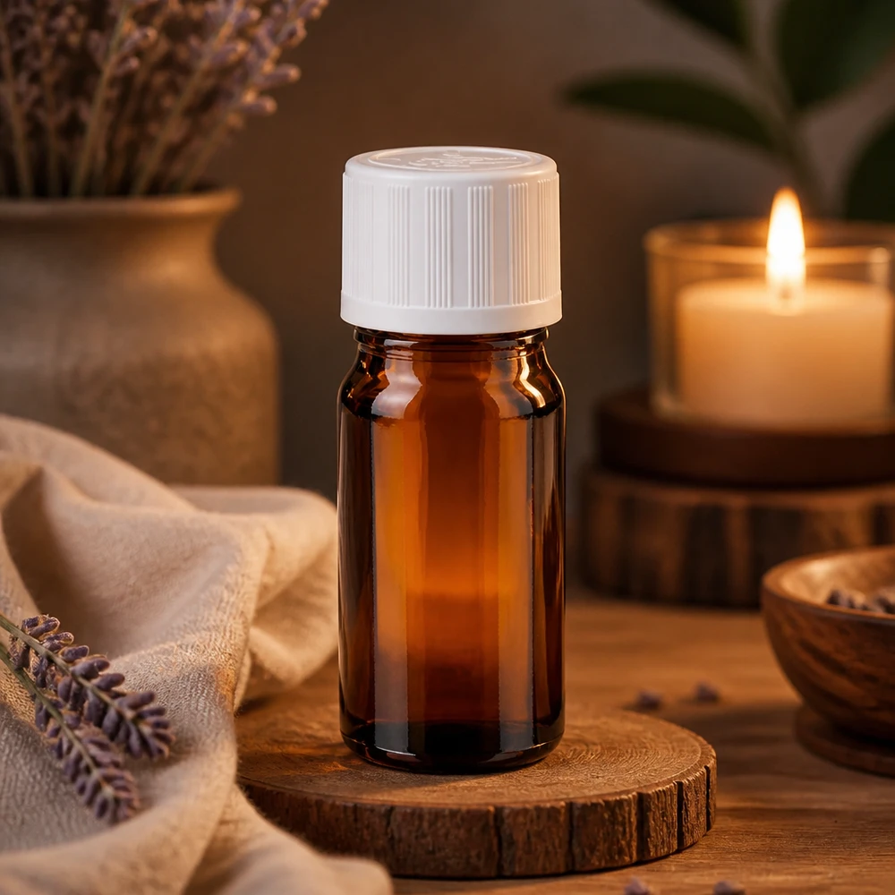 Lékárenská lahvička hnědá 5ml šroubovací uzávěr bílý standard odolný proti otevření dětmi. Kleine braune Apothekerflasche 5ml weißer Verschluss auf Holzscheibe mit Spa Ambiente