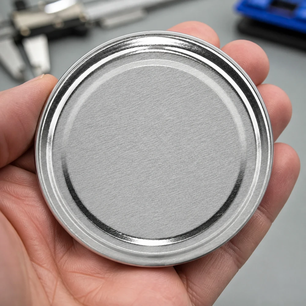Detailní záběr ruky držící kulaté stříbrné víčko TO58 o průměru 58 mm, BasicSeal UniTwist