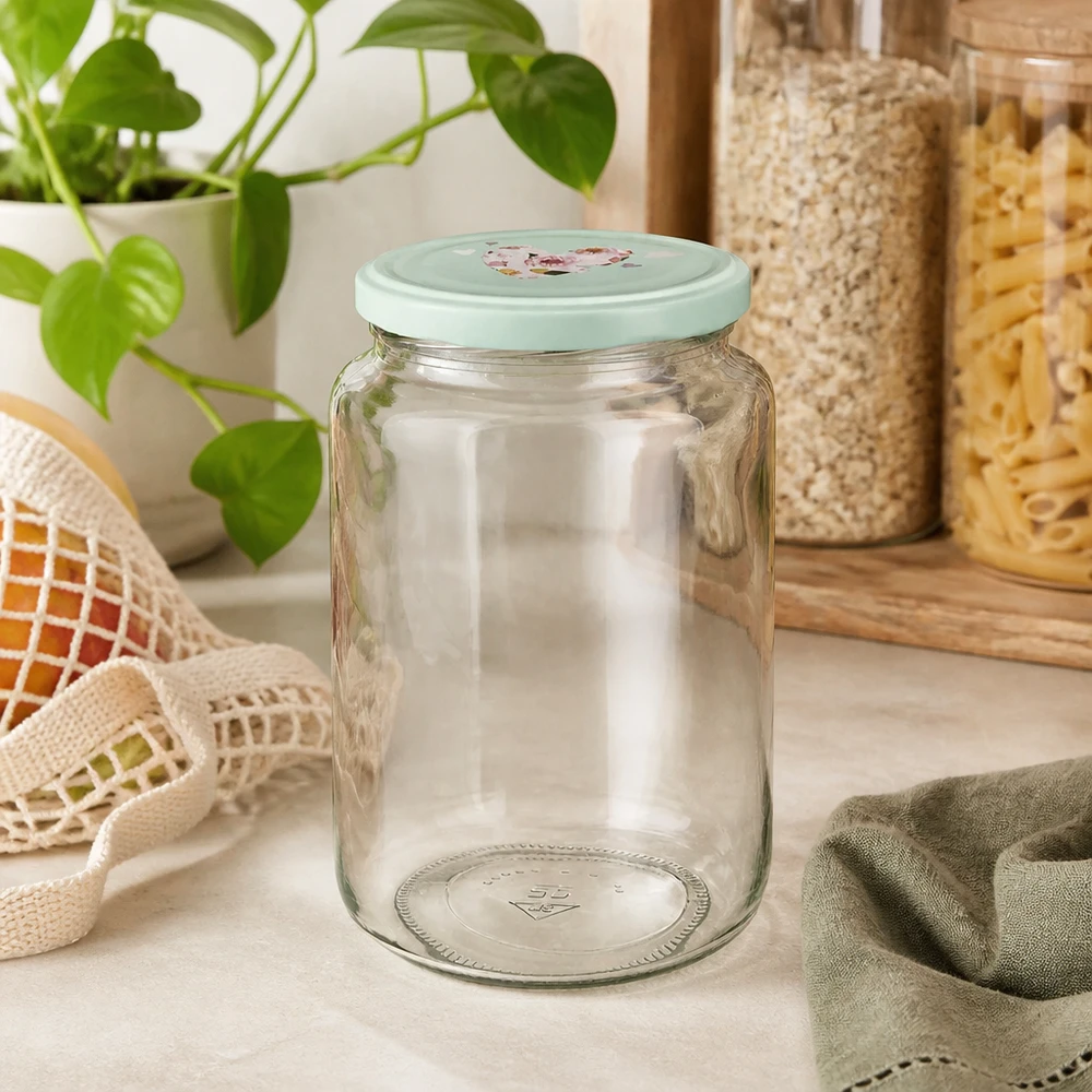 795ml Rundglas mit mint BasicSeal Herzdeckel auf Küchentheke neben Vorratscontainern und grüner Pflanze