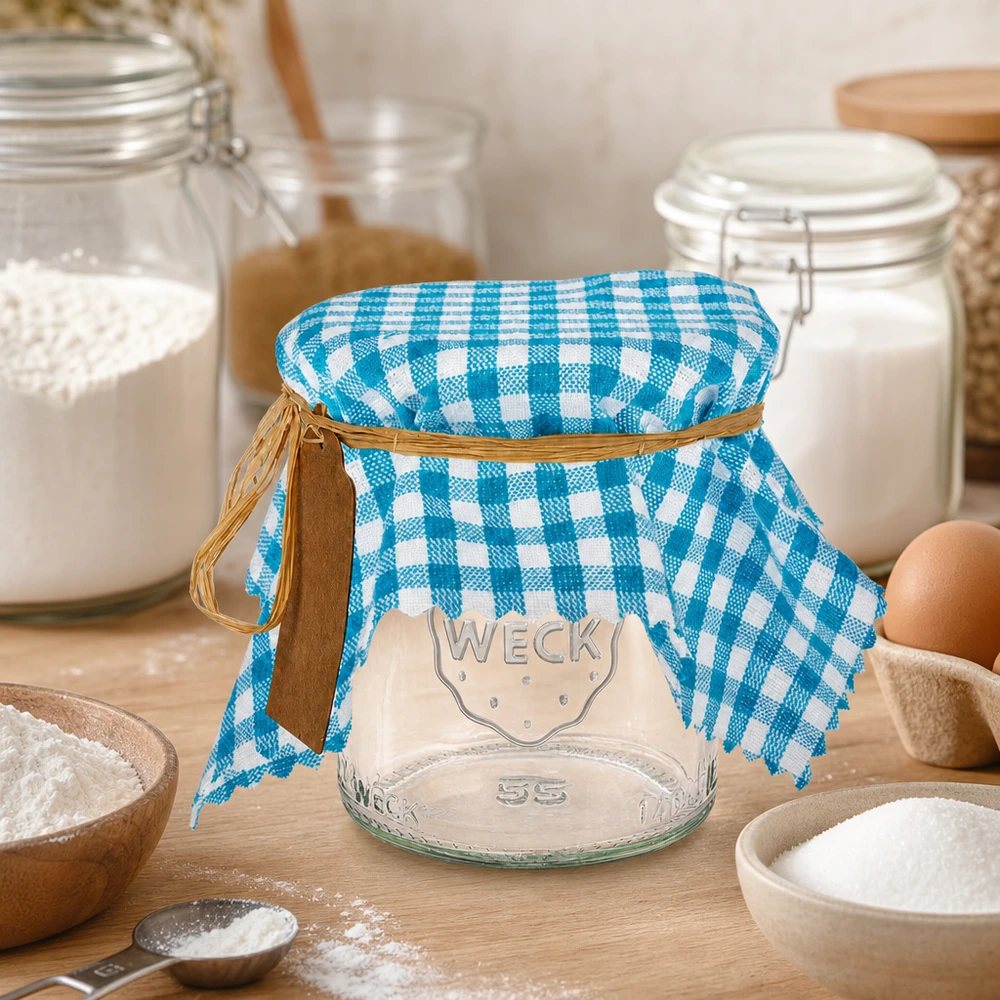 Látkový dekorační ubrousek tyrkysový kostkovaný čtverec 15 cm Türkis-kariertes Stoff Schmuckdeckchen in Küche mit Weckglas, Mehl und Backzutaten als Küchenausstattung