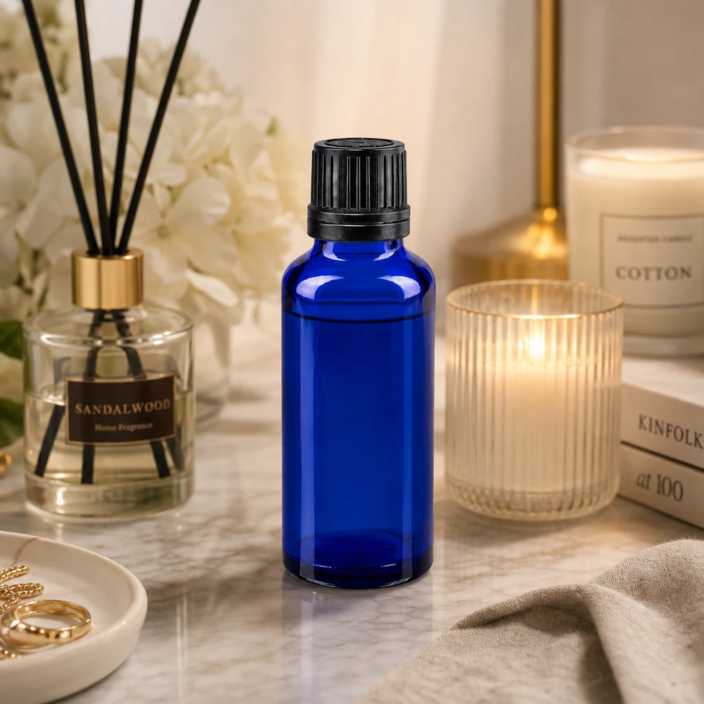 UV-Schutz Glasflasche 30ml kobaltblau mit schwarzem OV-Verschluss für Kosmetik und Pharmazie