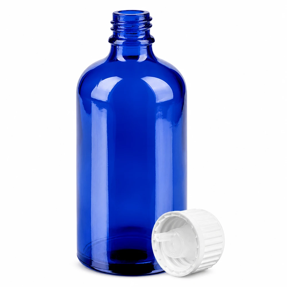 100ml Blauglas Tropfflasche mit weißem 0,9mm Dosier-Verschluss BlueLine UT18 Standard