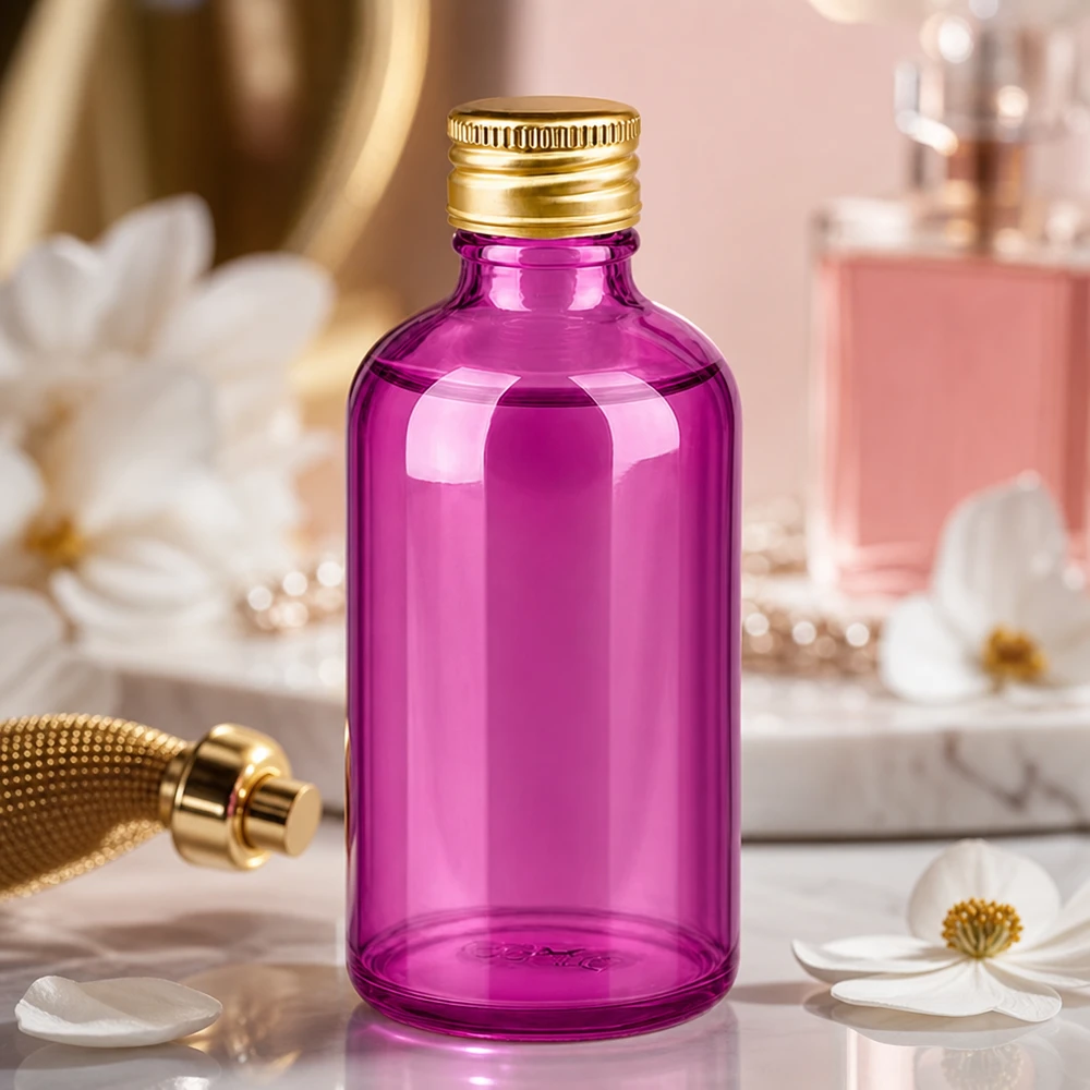 PurpleLine 100ml lahvička 11mm šroubovací uzávěr hliníkový zlatý standard. UT18/100 Apotheker-Glasflasche 100ml in trendigem Purple-Design mit professionellem Aluminiumdeckel