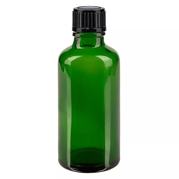 Lékárenská láhev zelená 50ml kapací uzávěr 1mm černý standardní Lékárenská láhev zelená 50ml kapací uzávěr 1mm černý standardní