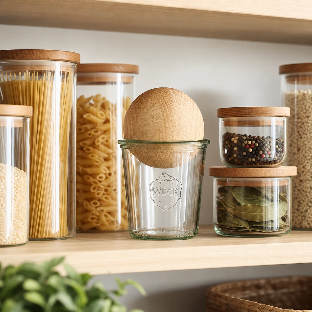290ml vysoká skleněná nádoba WECK RR80 s dřevěnou kuličkou buk. WECK Glas 290ml RR80 mit Buchen-Holzkugel in organisierter Vorratskammer zwischen Gewürz- und Nudelbehältern